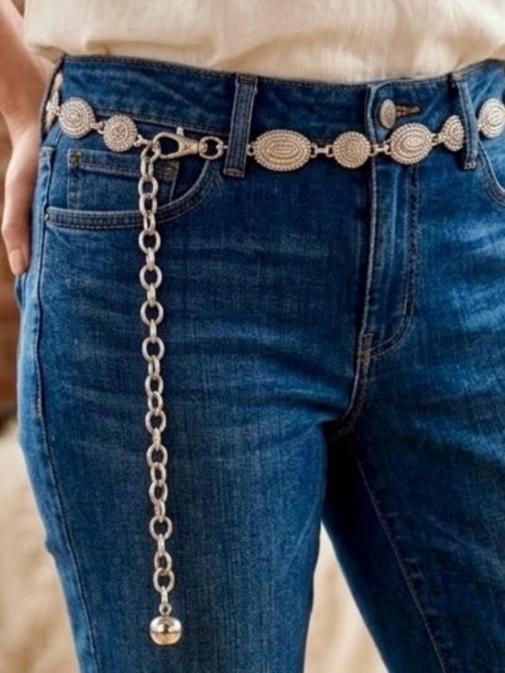 CHICO’S Silvertone Ornate Medallion Chain Belt, Western Adjustable Waist Belt